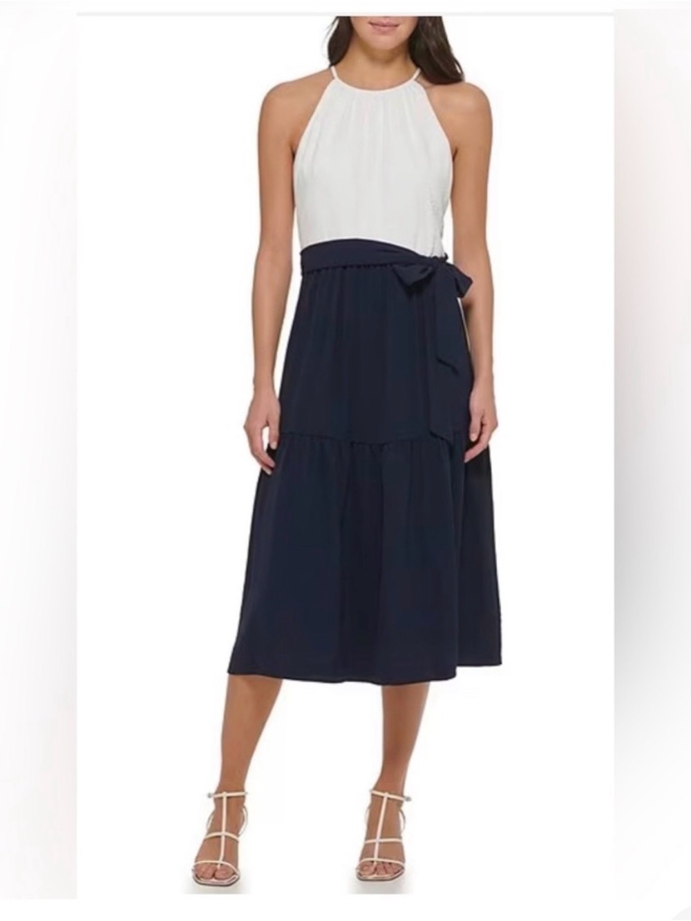 NWT DKNY halter top tiered skirt midi dress. Size 10. Navy and white.